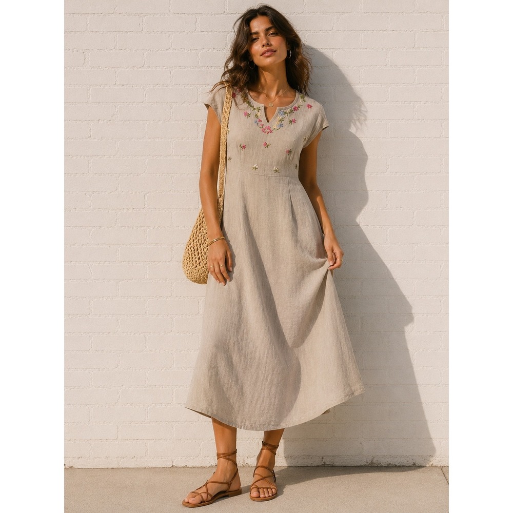 Vintage Club Newport Beige Linen Blend Embroidered Maxi Dress Cottagecore 6P